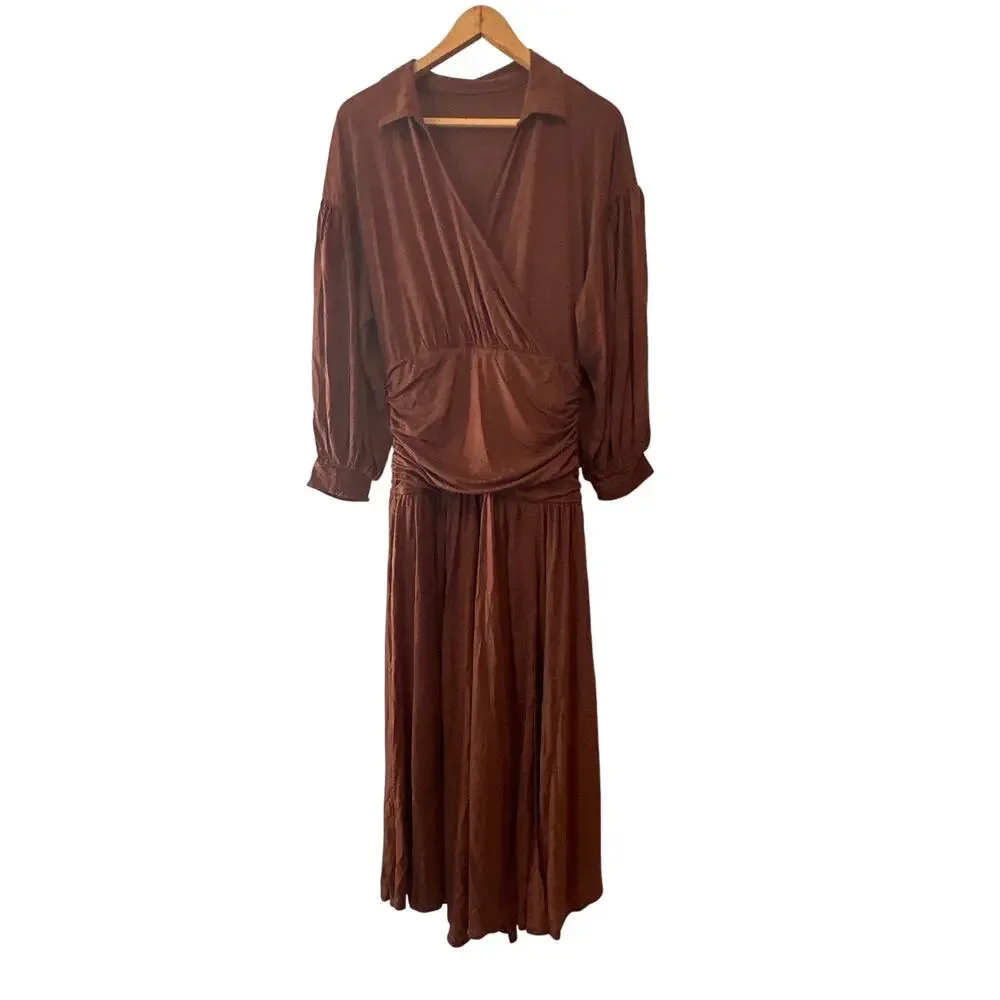 Anthropologie Maeve Ruched Wool Blend Midi Dress Brown Size M NWT